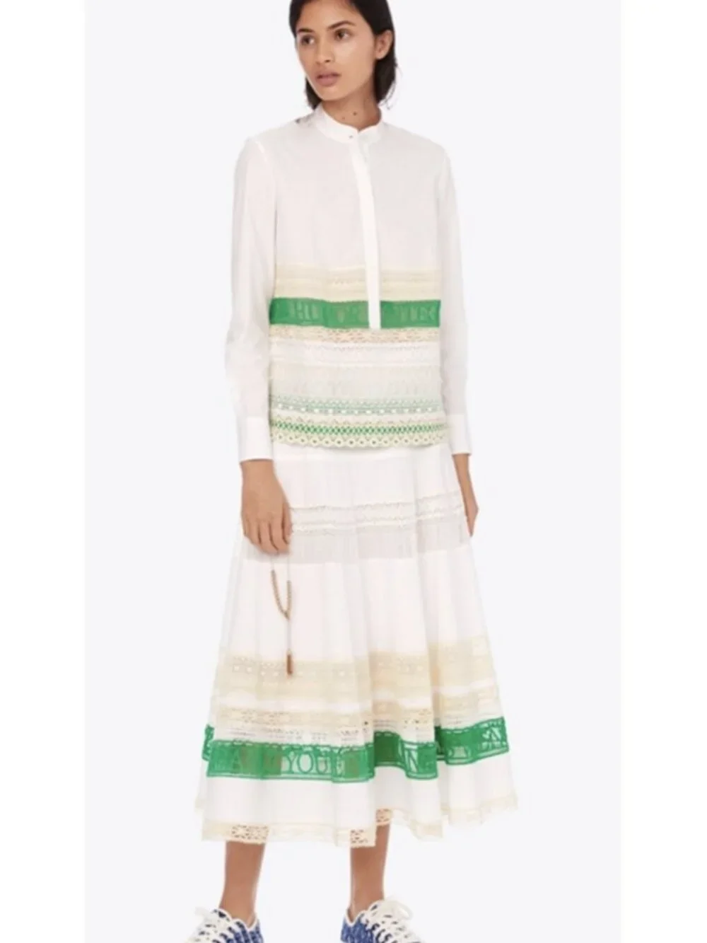 TORY BURCH SS19 Runway Lace-Trim Crochet Skirt Cream US 2 Bohemian Cottagecore